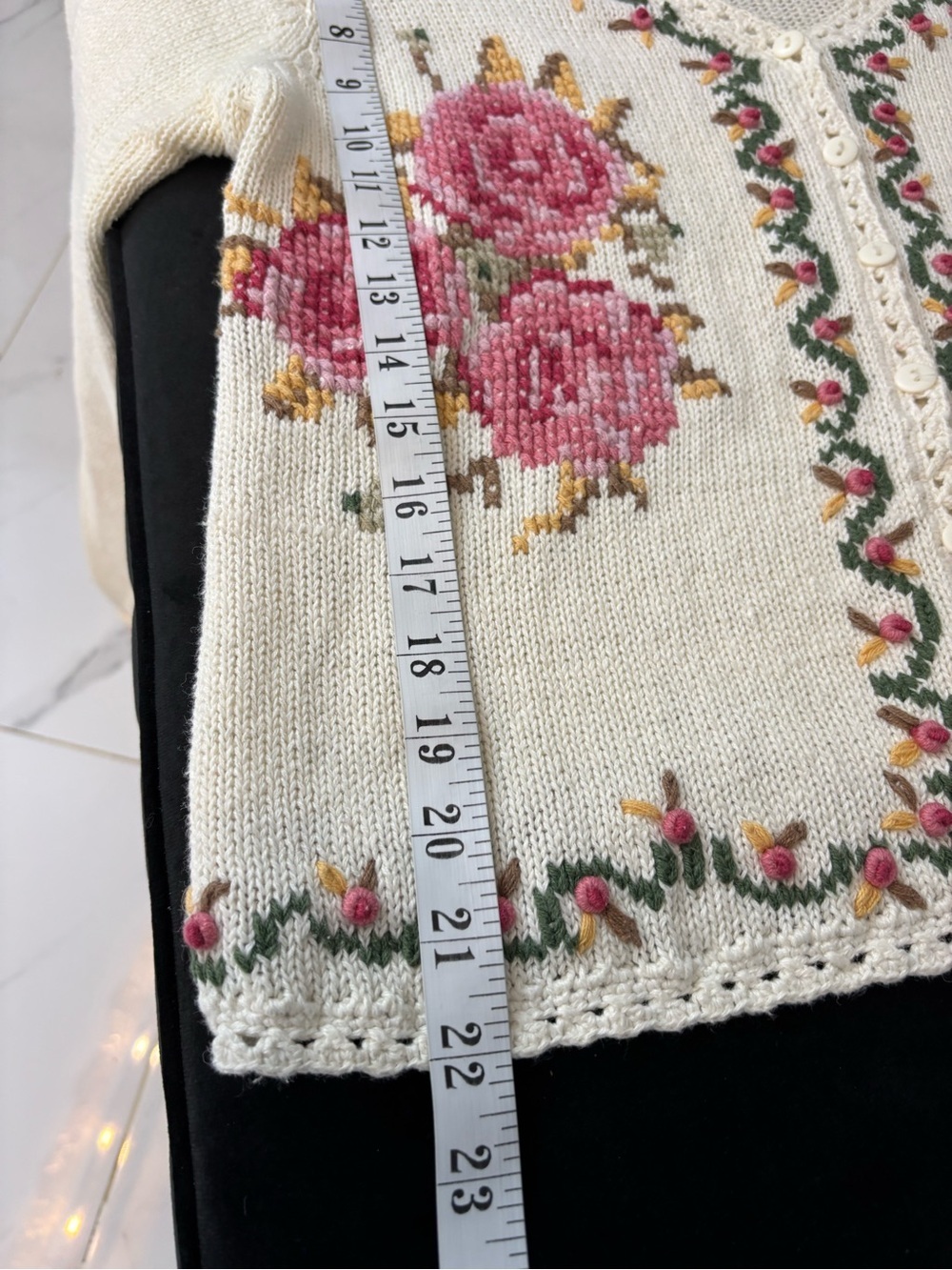 Cream Floral V-Neck Sweater with Pink Rose Embroidery - Picture 12 of 13